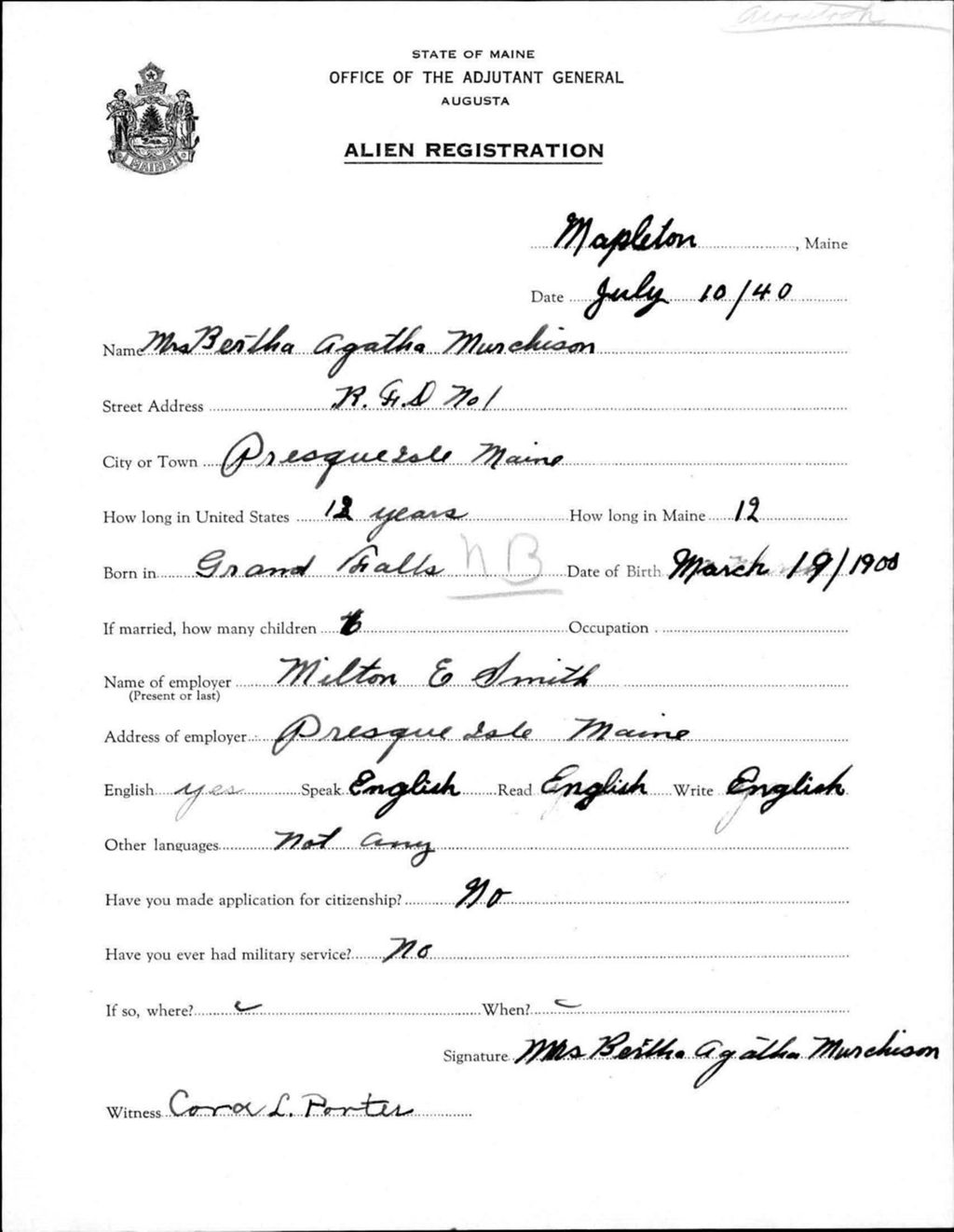 Miniature of Alien Registration- Murchison, Bertha A. (Mapleton, Aroostook County)