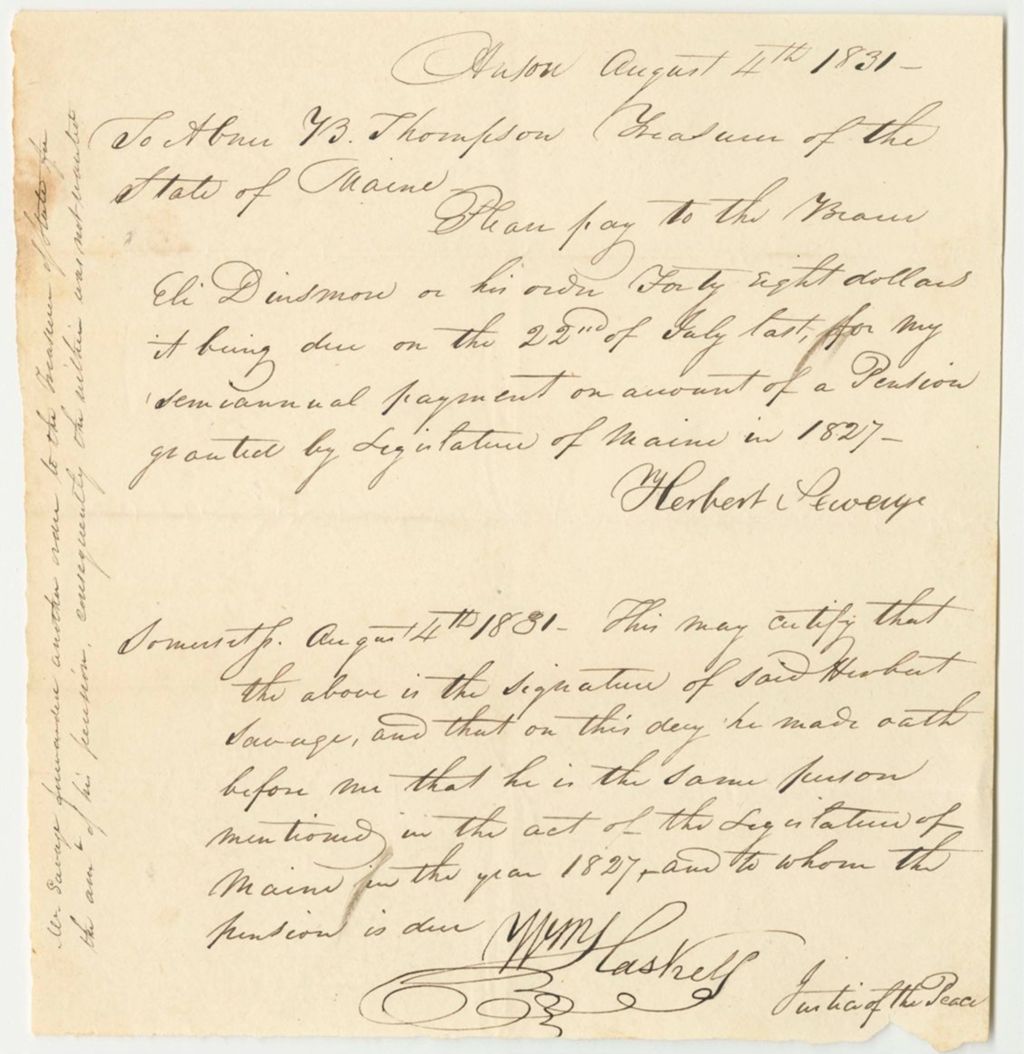 Miniature of Certificate for the Pension of Herbert Savage