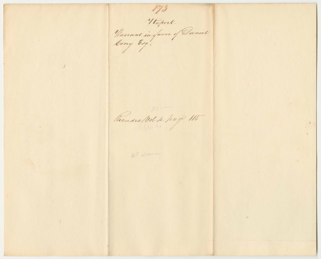Miniature of Report 173: Warrant in Favor of Dnaiel Cony, Esq., for Interest on a Loan to the State