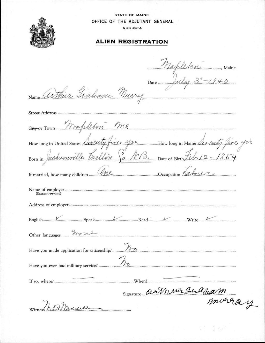 Miniature of Alien Registration- Murry, Arthur G. (Mapleton, Aroostook County)