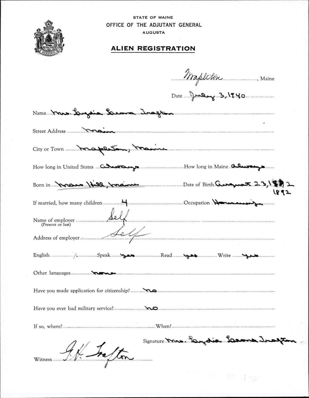 Miniature of Alien Registration- Trafton, Lydia L. (Mapleton, Aroostook County)