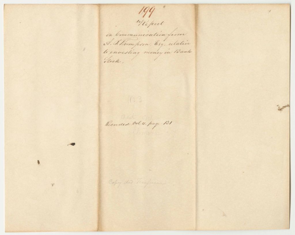 Miniature of Report 199: Report on the Communication from A.B. Thompson Relative to Investing Money in Bank Stock