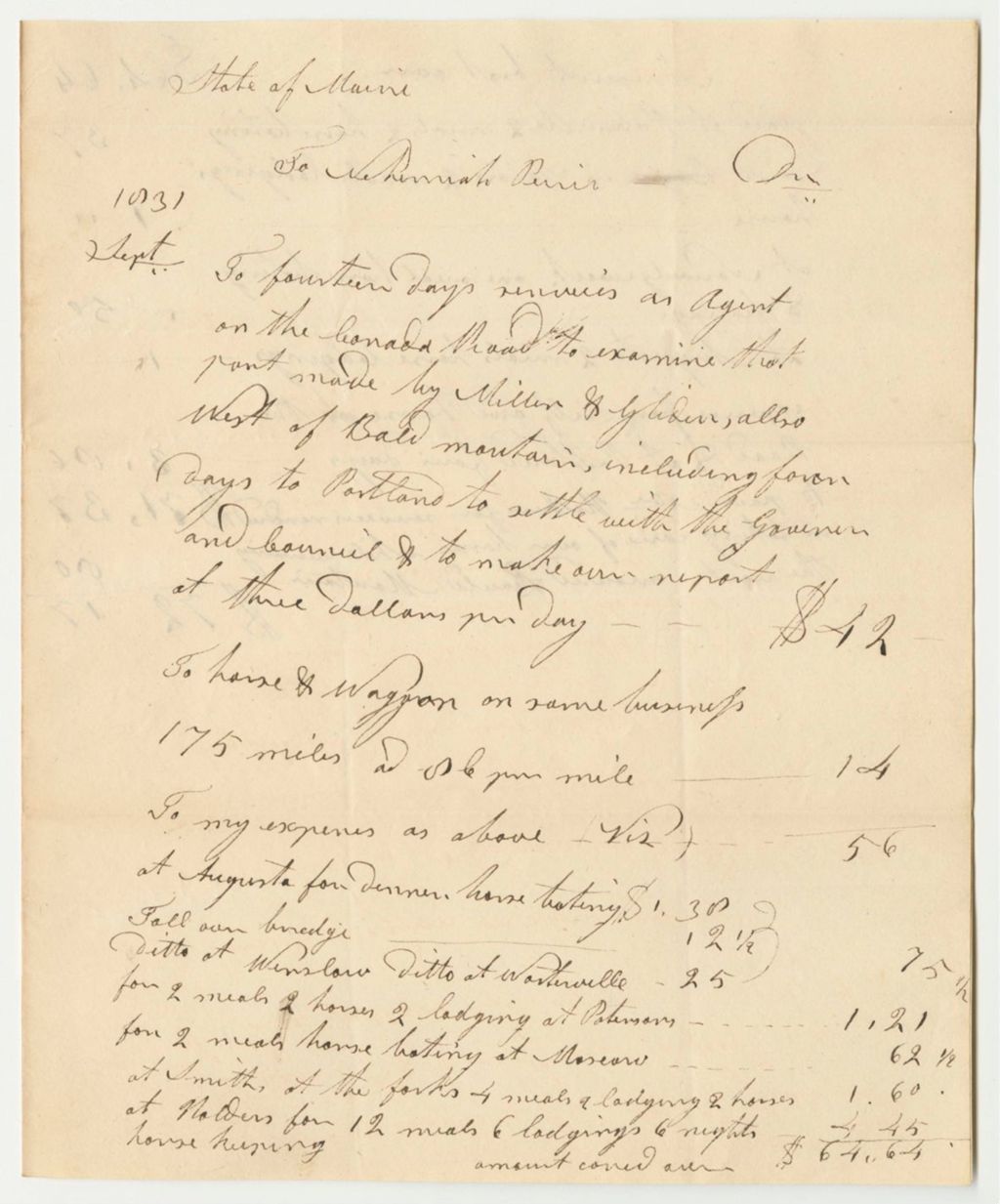 Miniature of Account of Nehemiah Pierce, Agent to Examine the Canada Road