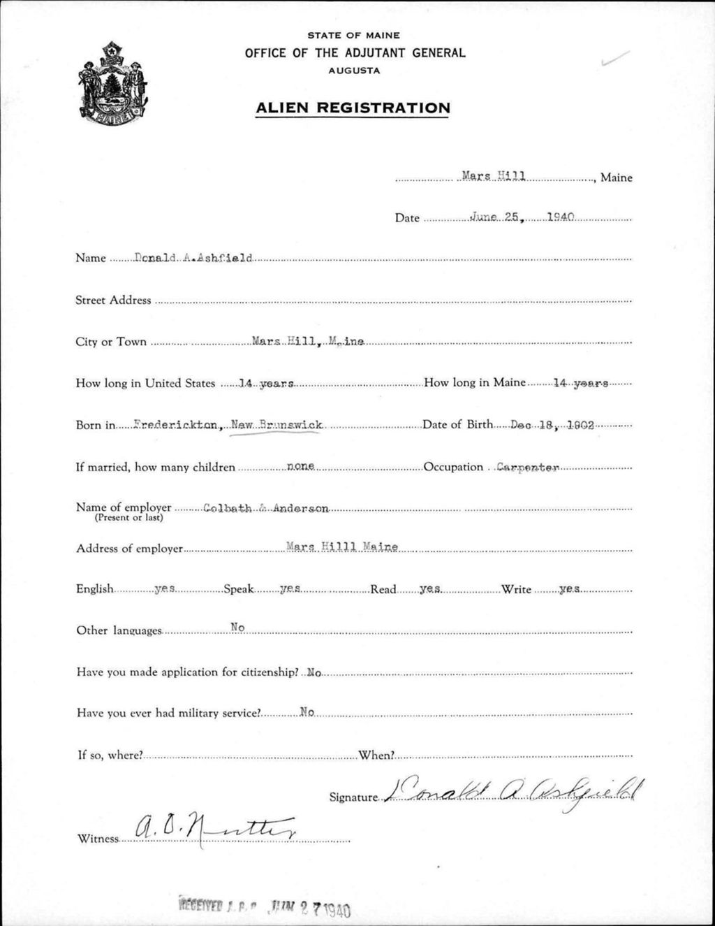 Miniature of Alien Registration- Ashfield, Donald A. (Mars Hill, Aroostook County)
