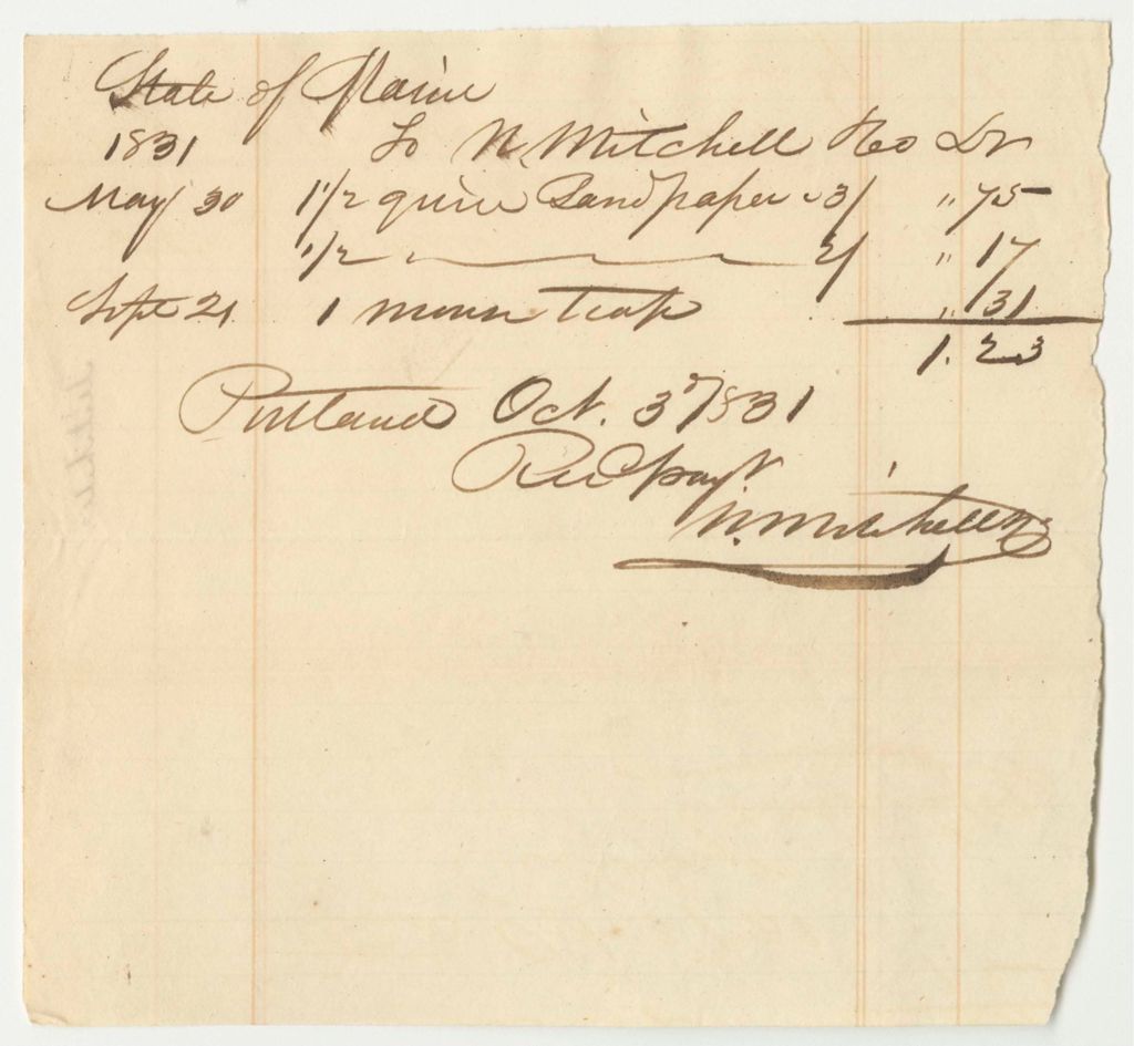 Miniature of N. Mitchell's Bill for Paper, Paid by Joshua Tolford