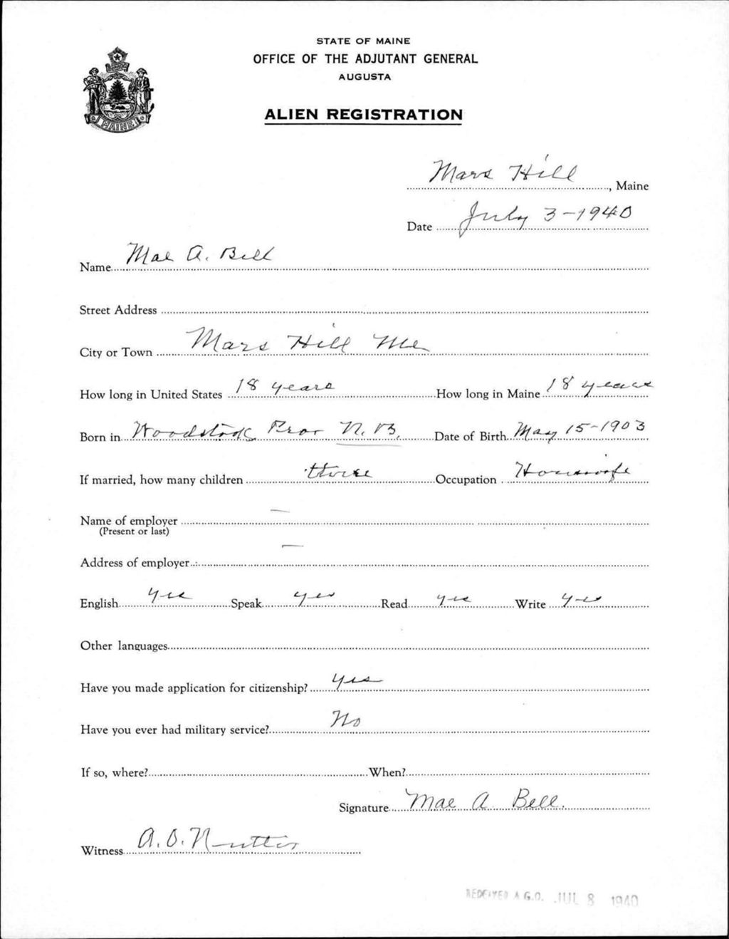 Miniature of Alien Registration- Bell, Mae A. (Mars Hill, Aroostook County)