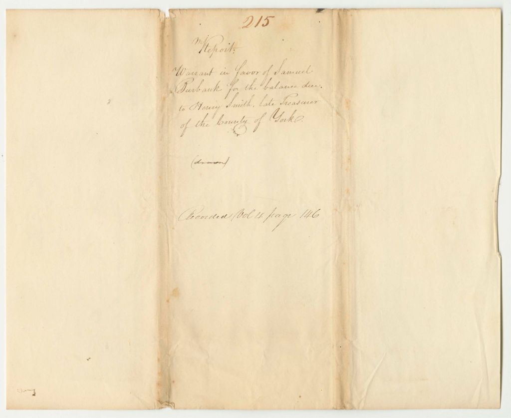 Miniature of Report 215: Warrant in Favor of Samuel Burbank for the Balance Due to Henry Smith, Late Treasurer of York County
