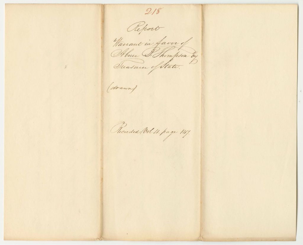 Miniature of Report 218: Warrant in Favor of Abner B. Thompson, State Treasurer for Transportation of Public Property to Augusta
