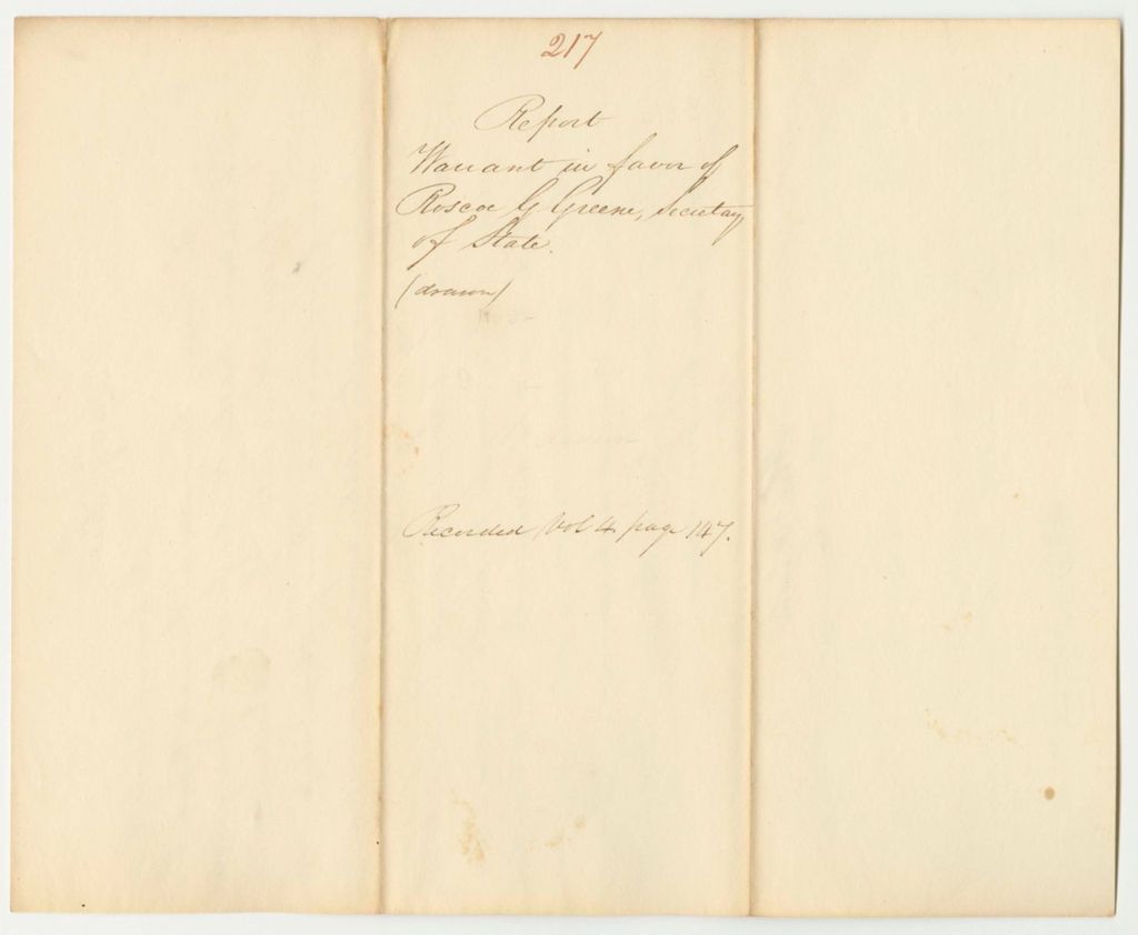 Miniature of Report 217: Warrant in Favor of Roscoe G. Greene, Secretary of State