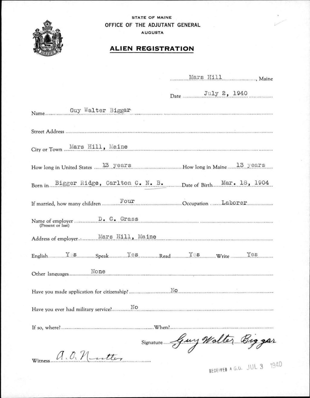 Miniature of Alien Registration- Biggar, Guy W. (Mars Hill, Aroostook County)