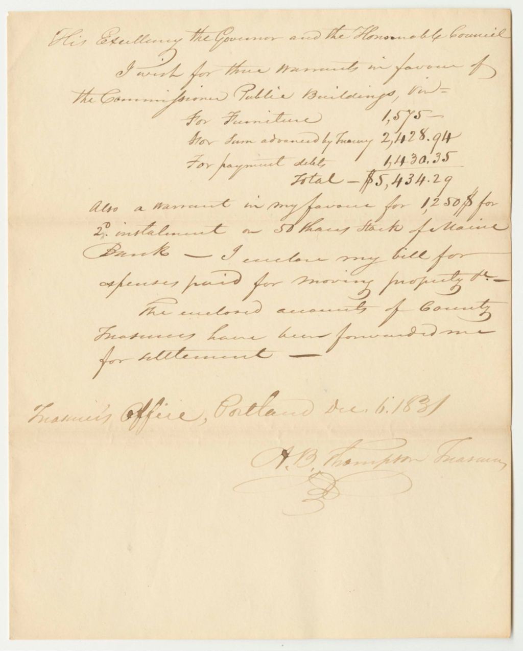 Miniature of Account of Abner B. Thompson, Treasurer of State