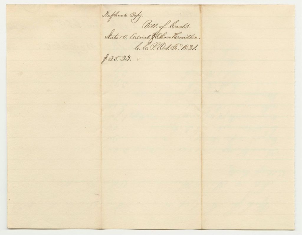 Miniature of Bill of Costs in State v. Adrial Hamilton and Oliver Hamilton at the Court of Common Pleas in York County, October Term 1831