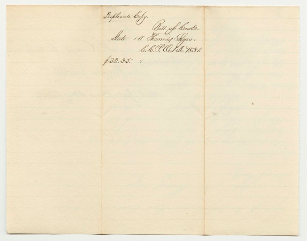 Miniature of Bill of Costs in State v. Thomas Legro at the Court of Common Pleas in York County, October Term 1831