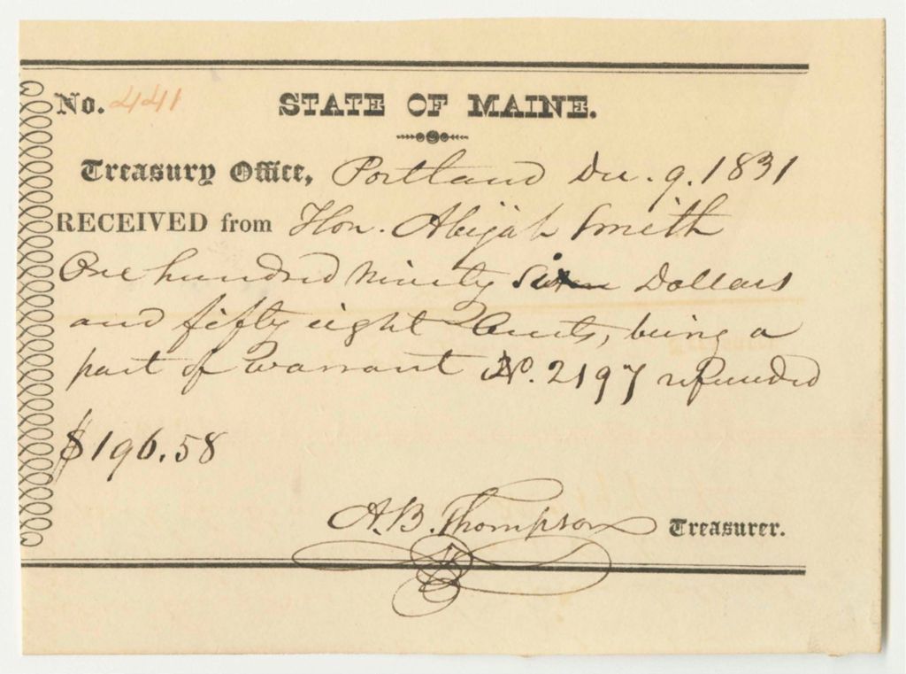 Miniature of Treasury Office Receipt from Abijah Smith