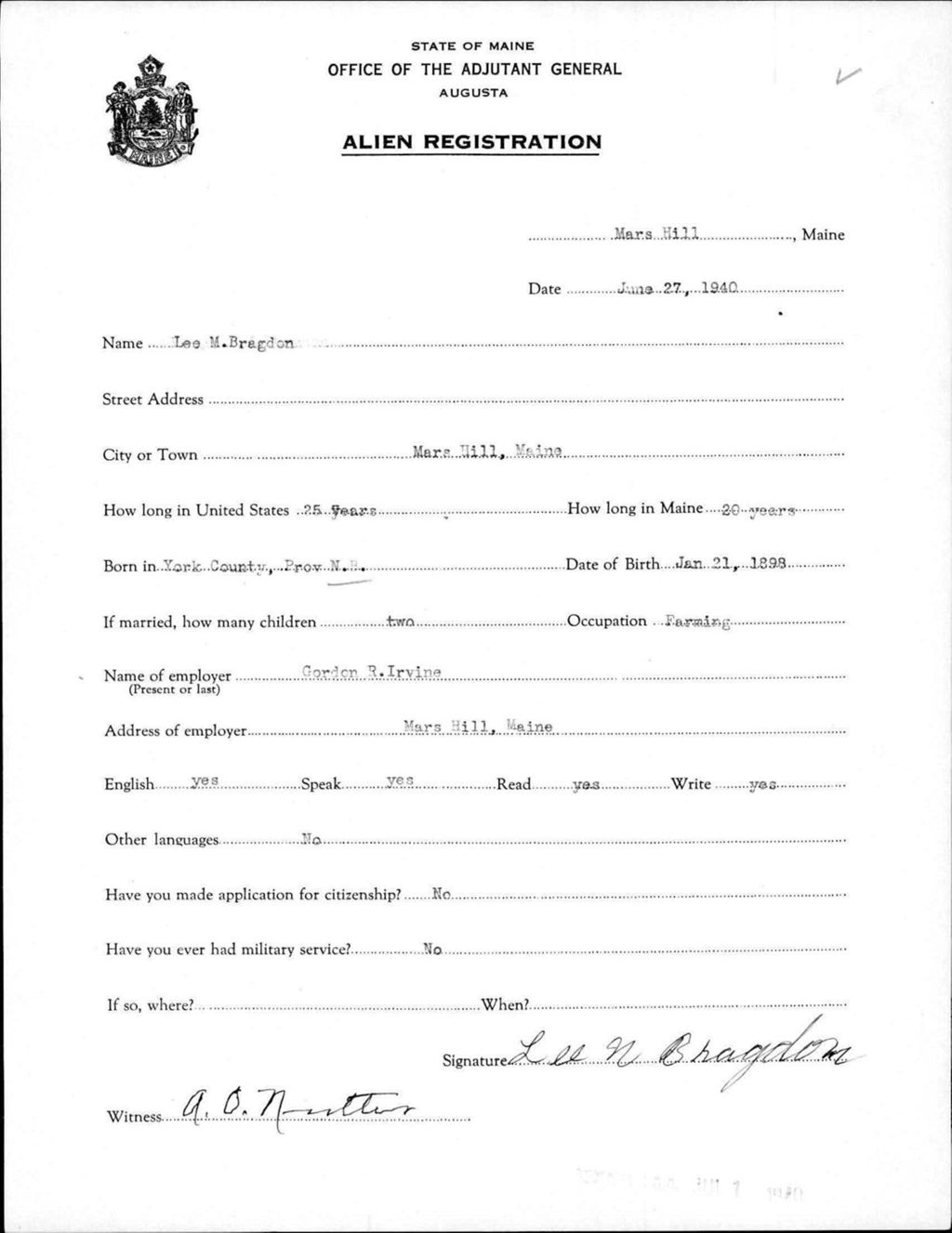 Miniature of Alien Registration- Bragdon, Lee M. (Mars Hill, Aroostook County)