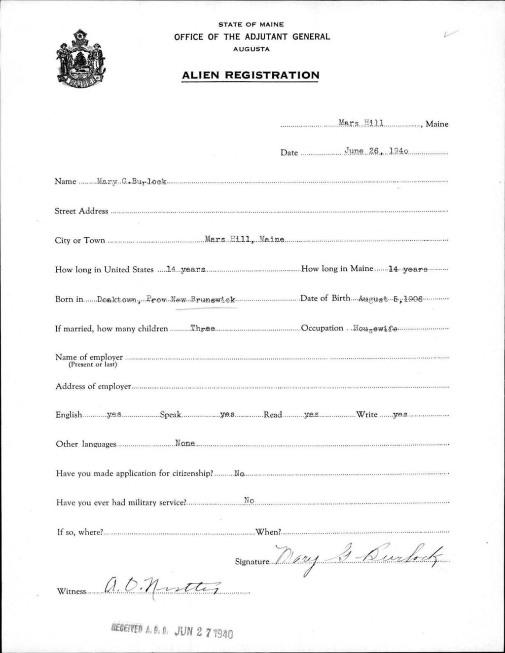 Miniature of Alien Registration- Burlock, Mary G. (Mars Hill, Aroostook County)