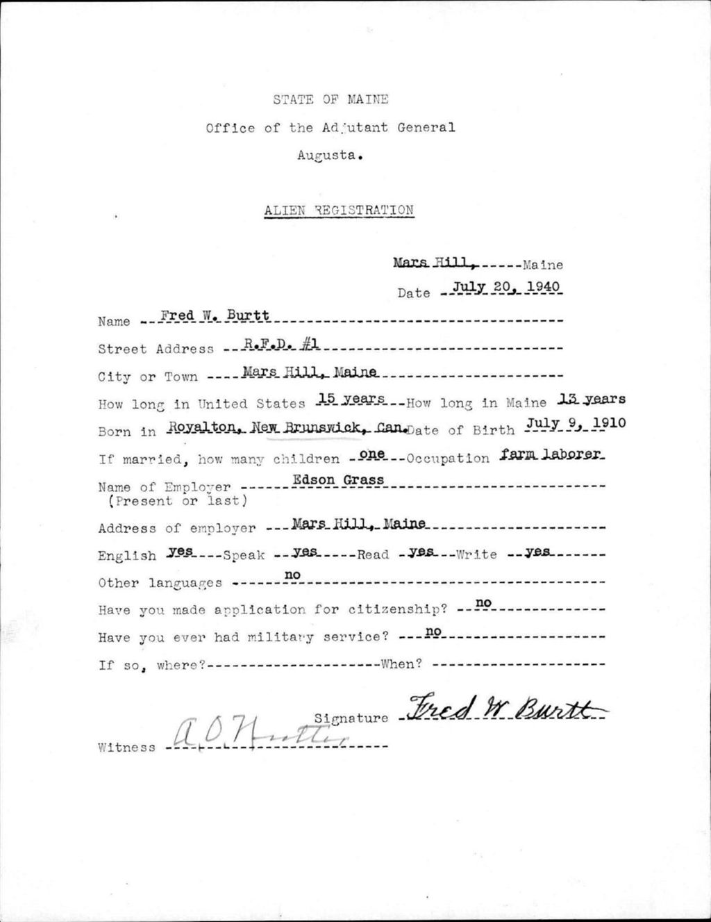 Miniature of Alien Registration- Burtt, Fred W. (Mars Hill, Aroostook County)