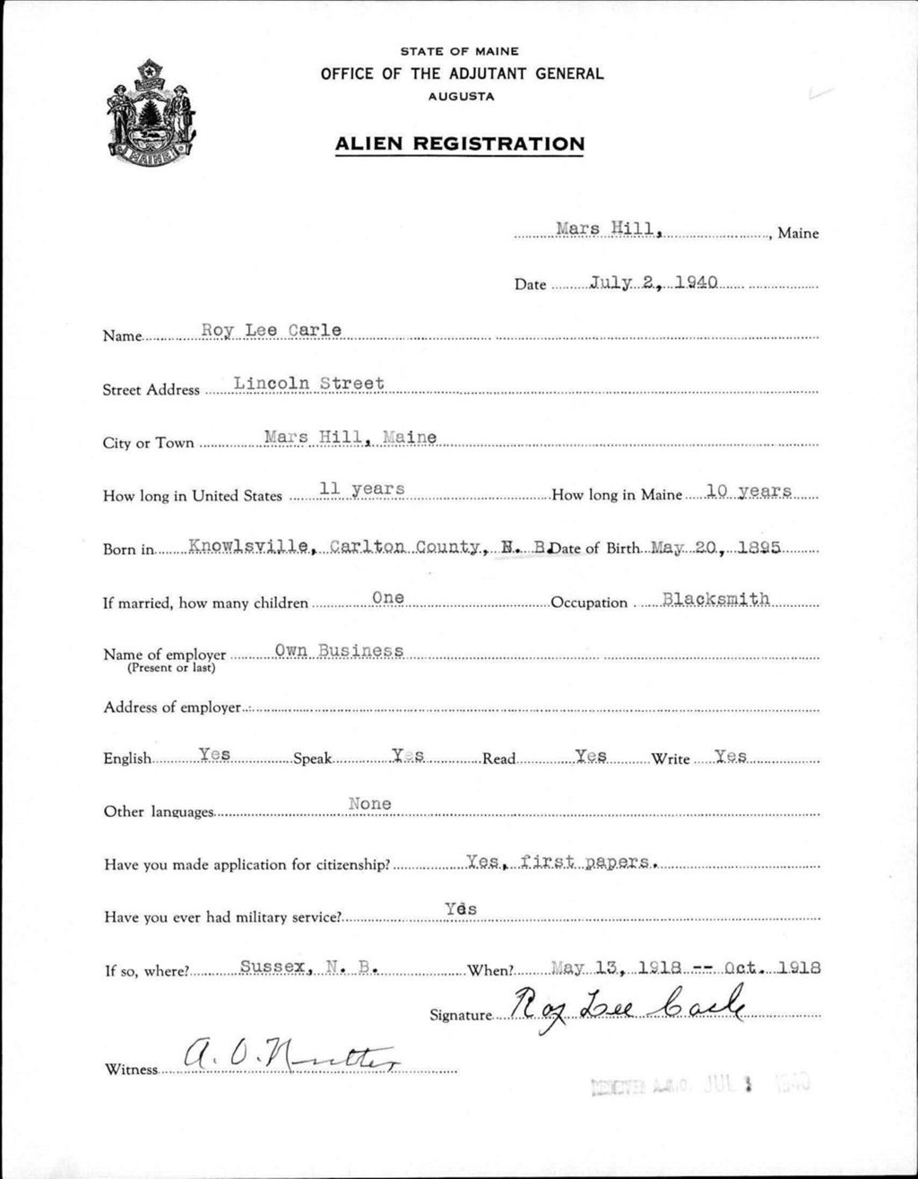 Miniature of Alien Registration- Carle, Roy L. (Mars Hill, Aroostook County)