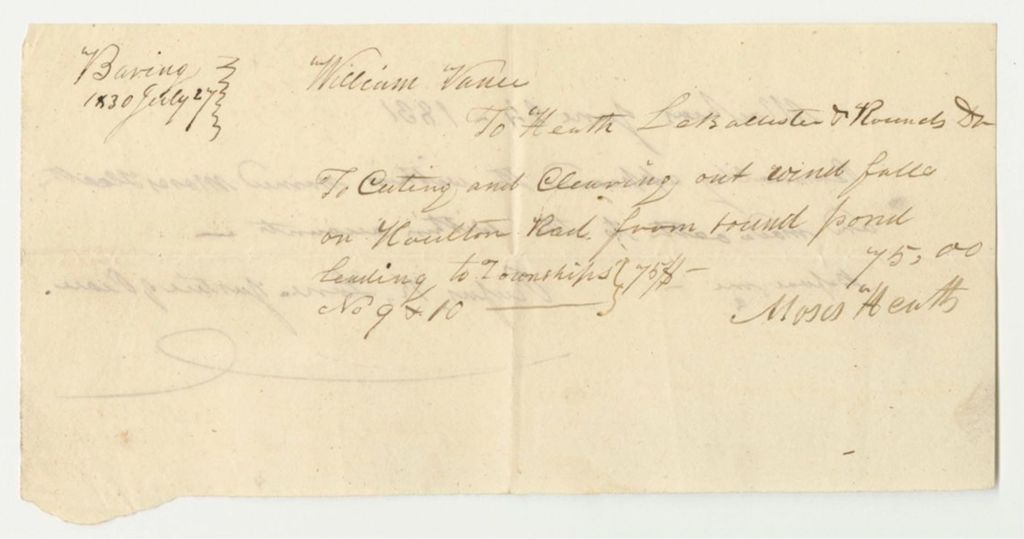 Miniature of Moses Heath's Bill for Cutting and Clearing Out Windfall on Houtlon Road