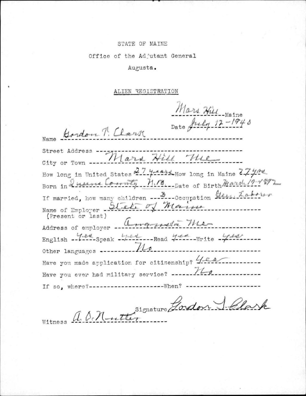 Miniature of Alien Registration- Clark, Gordon T. (Mars Hill, Aroostook County)