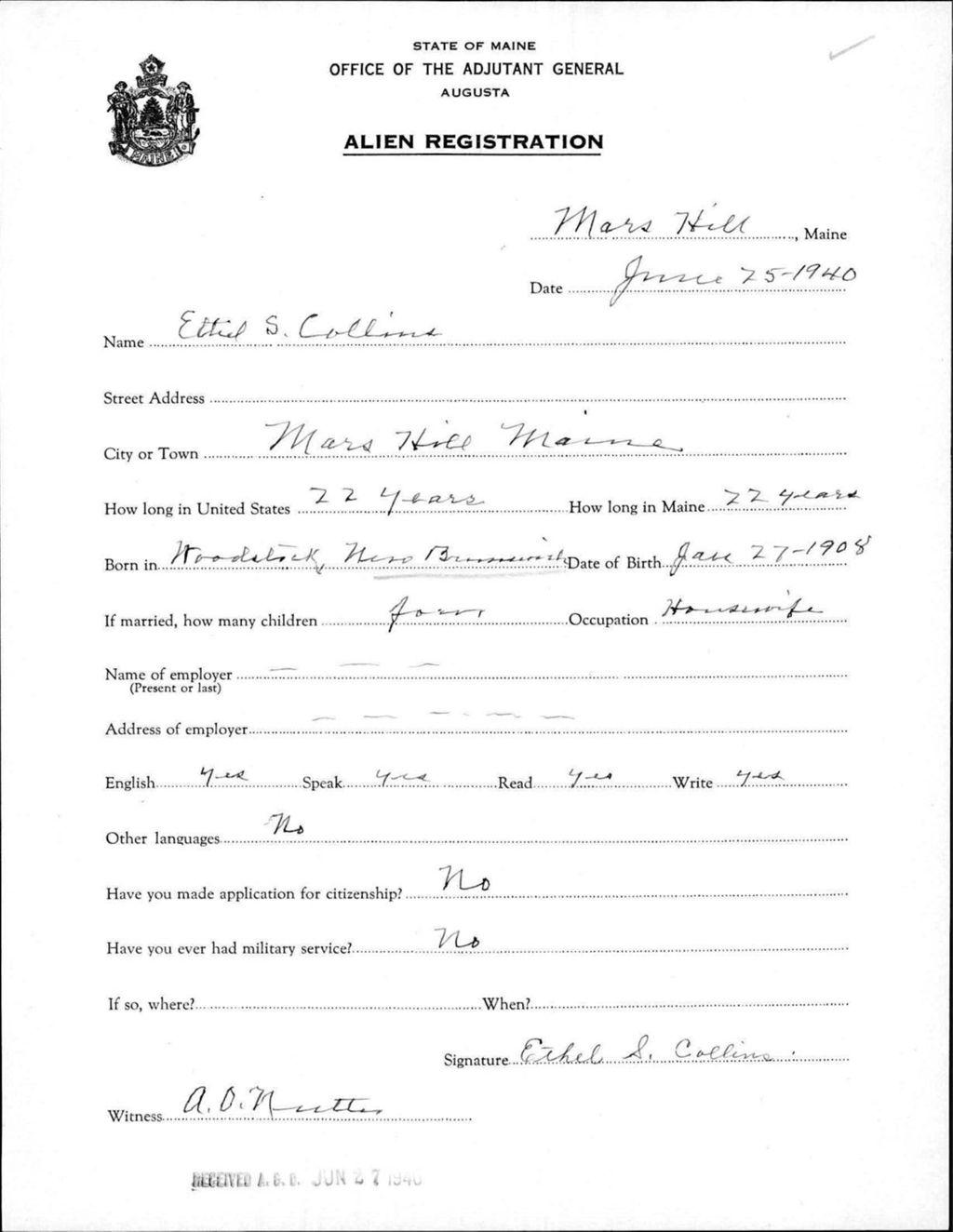 Miniature of Alien Registration- Collins, Ethel S. (Mars Hill, Aroostook County)