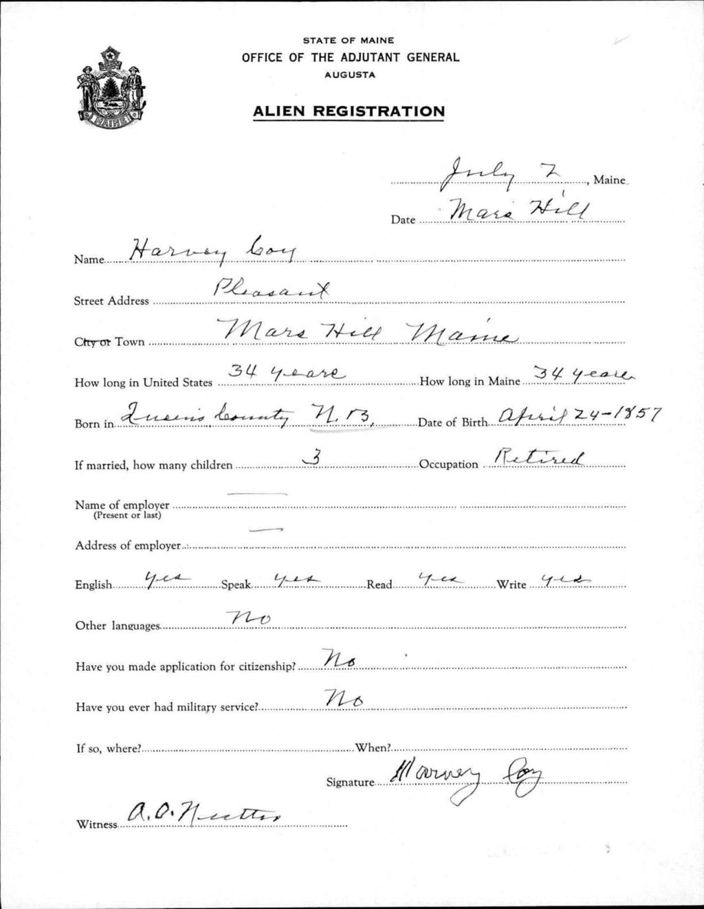 Miniature of Alien Registration- Coy, Harvey (Mars Hill, Aroostook County)