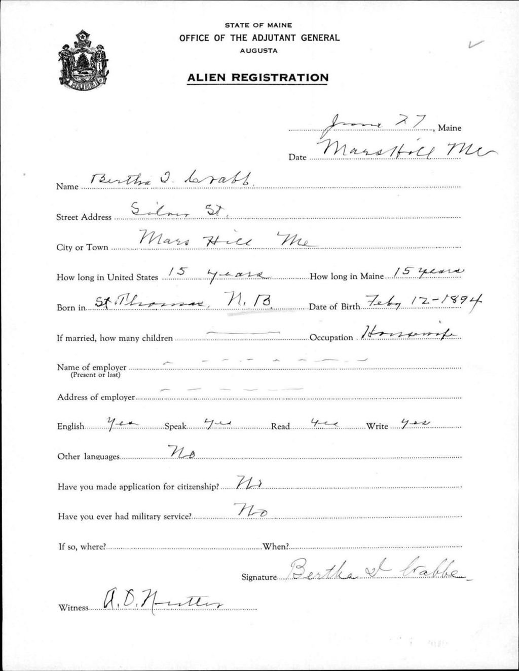 Miniature of Alien Registration- Crabb, Bertha I. (Mars Hill, Aroostook County)
