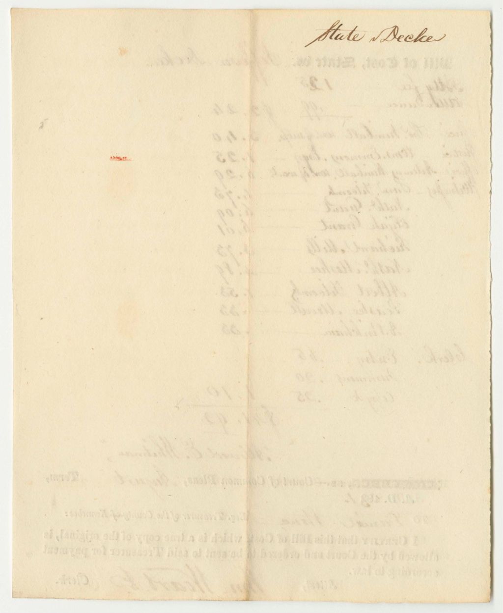 Miniature of Bill of Costs in State v. Jefferson Decker at the Court of Common Pleas in Kennebec County