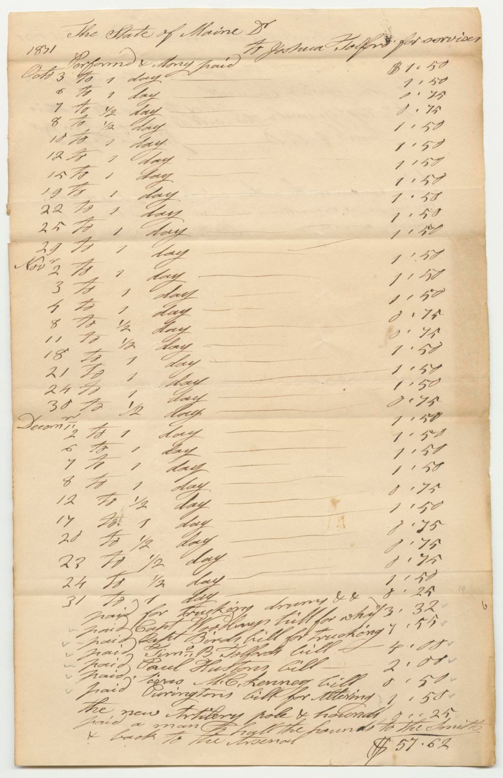 Miniature of Account of Joshua Tolford, for Services Performed and Money Paid