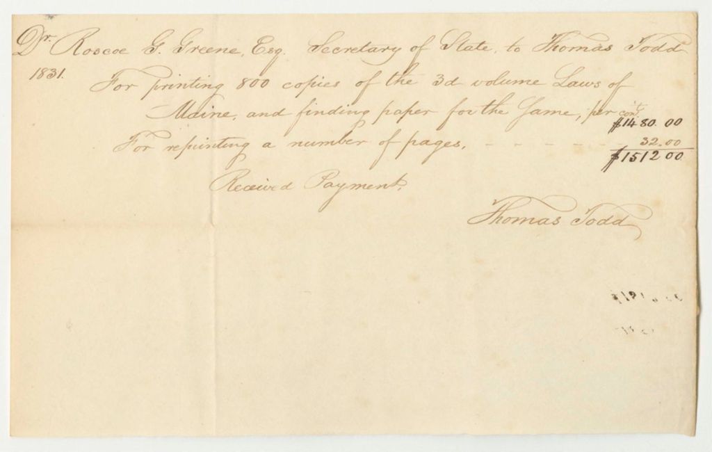 Miniature of Thomas Todd's Bill for Printing Copies of the Third Volume of the Laws of Maine