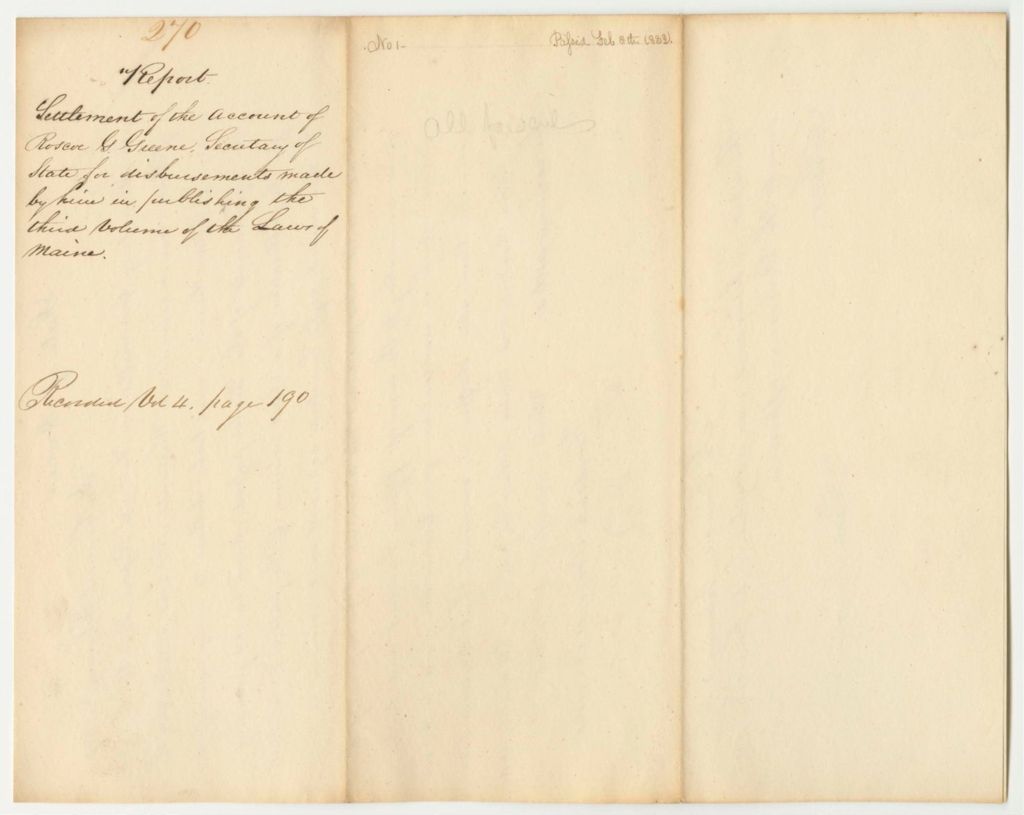 Miniature of Report 270: Settlement of the Account of Roscoe G. Greene, Secretary of State, for Disbursements Made by Him in Publishing the Third Volume of Laws of Maine
