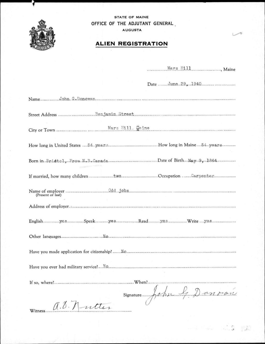 Miniature of Alien Registration- Donovan, John G. (Mars Hill, Aroostook County)