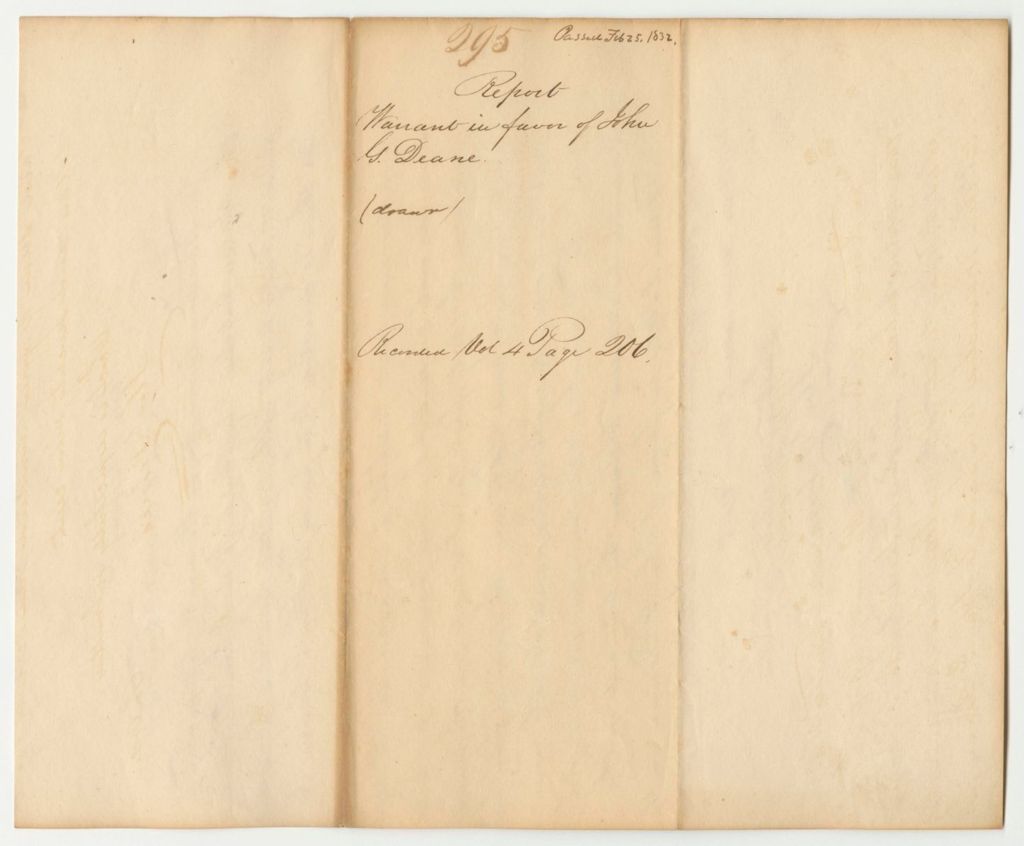 Miniature of Report 295: Warrant in Favor of John G. Deane