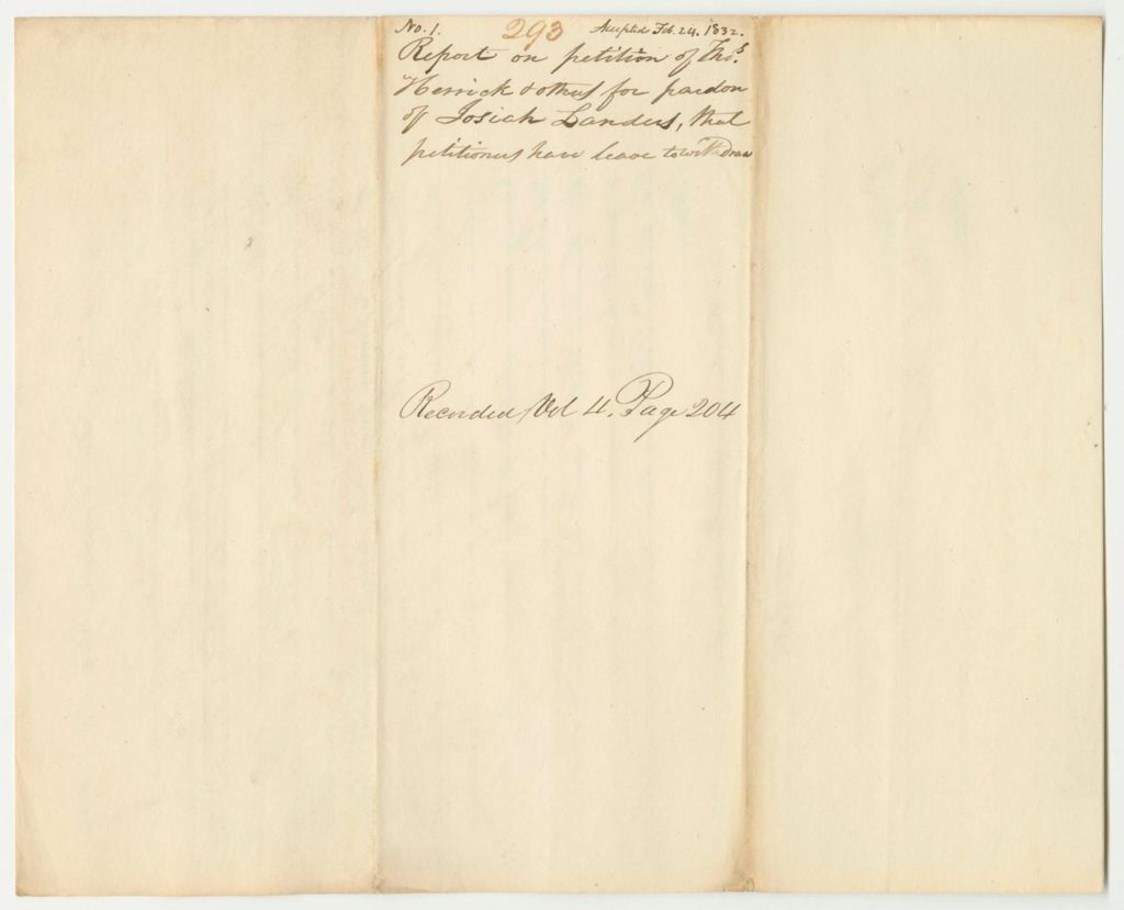 Miniature of Report 293: Report on the Petition of Thomas Herrick and Others for the Pardon of Josiah Landers