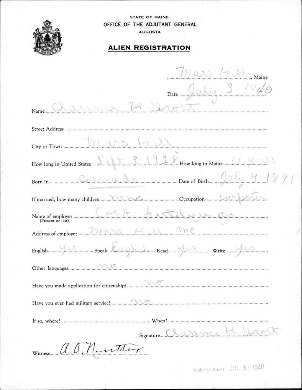 Miniature of Alien Registration- Durost, Clarence H. (Mars Hill, Aroostook County)