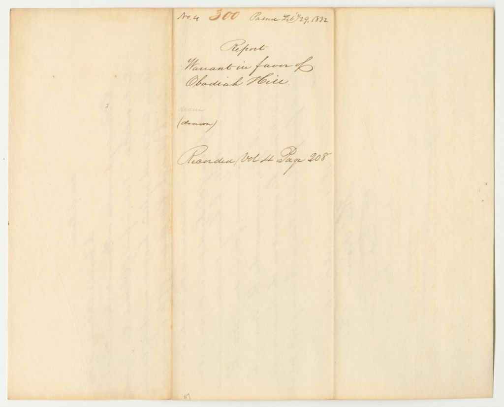 Miniature of Report 300: Warrant in Favor of Obadiah Hill for Travel and Attendance at Senate Board
