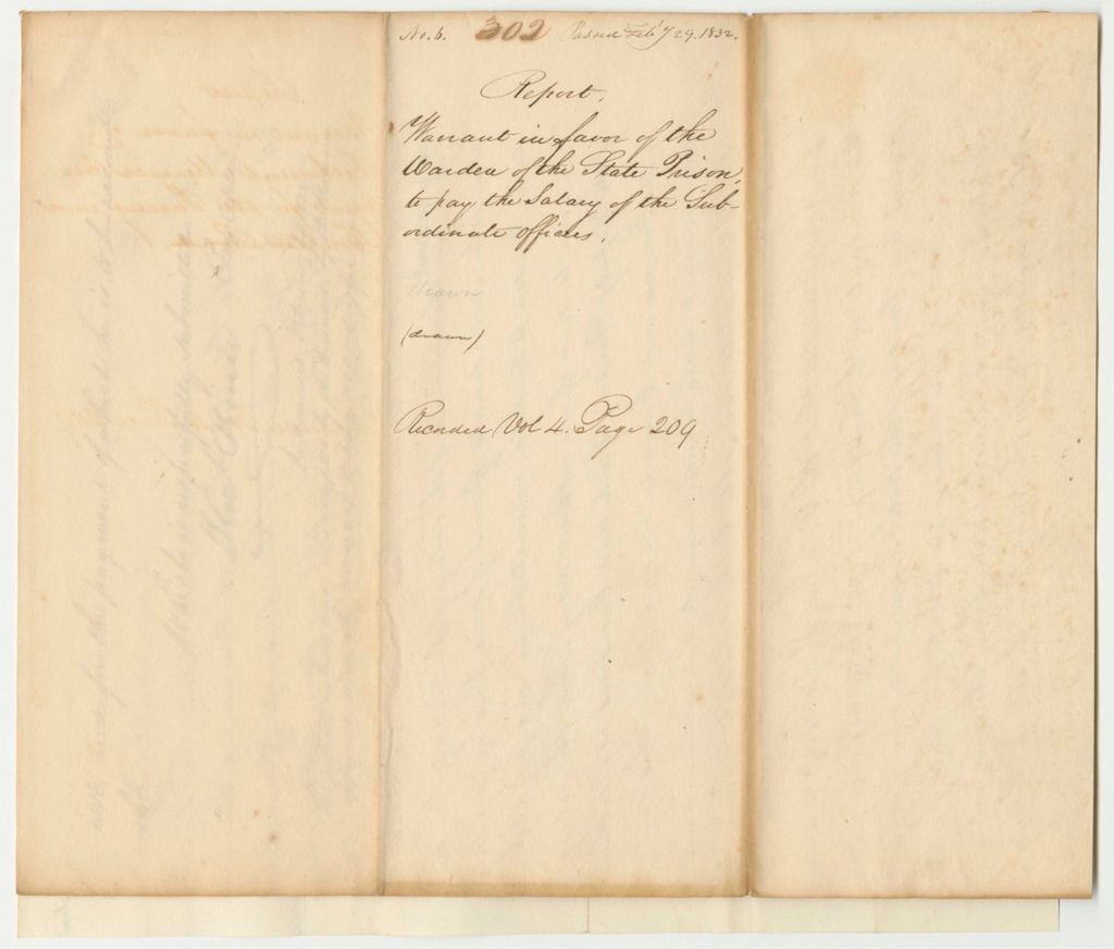 Miniature of Report 302: Warrant in Favor of the Warden of the State Prison for the Salaries of the Subordinate Officers
