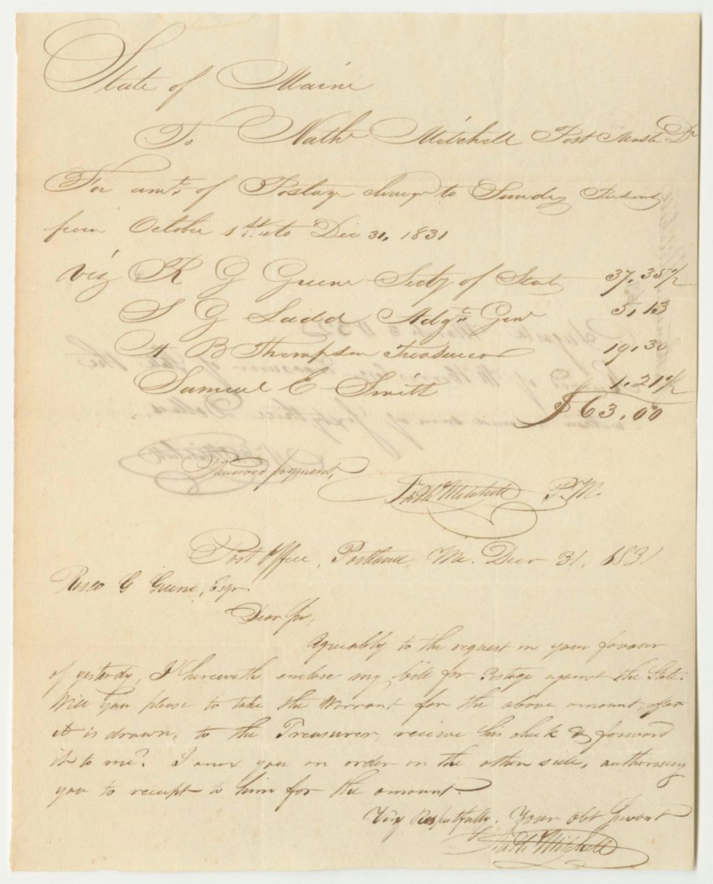 Miniature of Nathaniel Mitchell's Bill for Postage Against the State