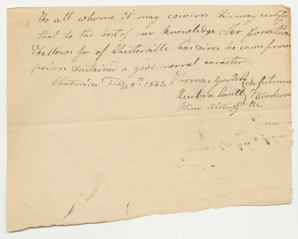 Miniature of Certificate of the Selectmen of Chesterville, on the Character of Jonathon Fellows, Jr.