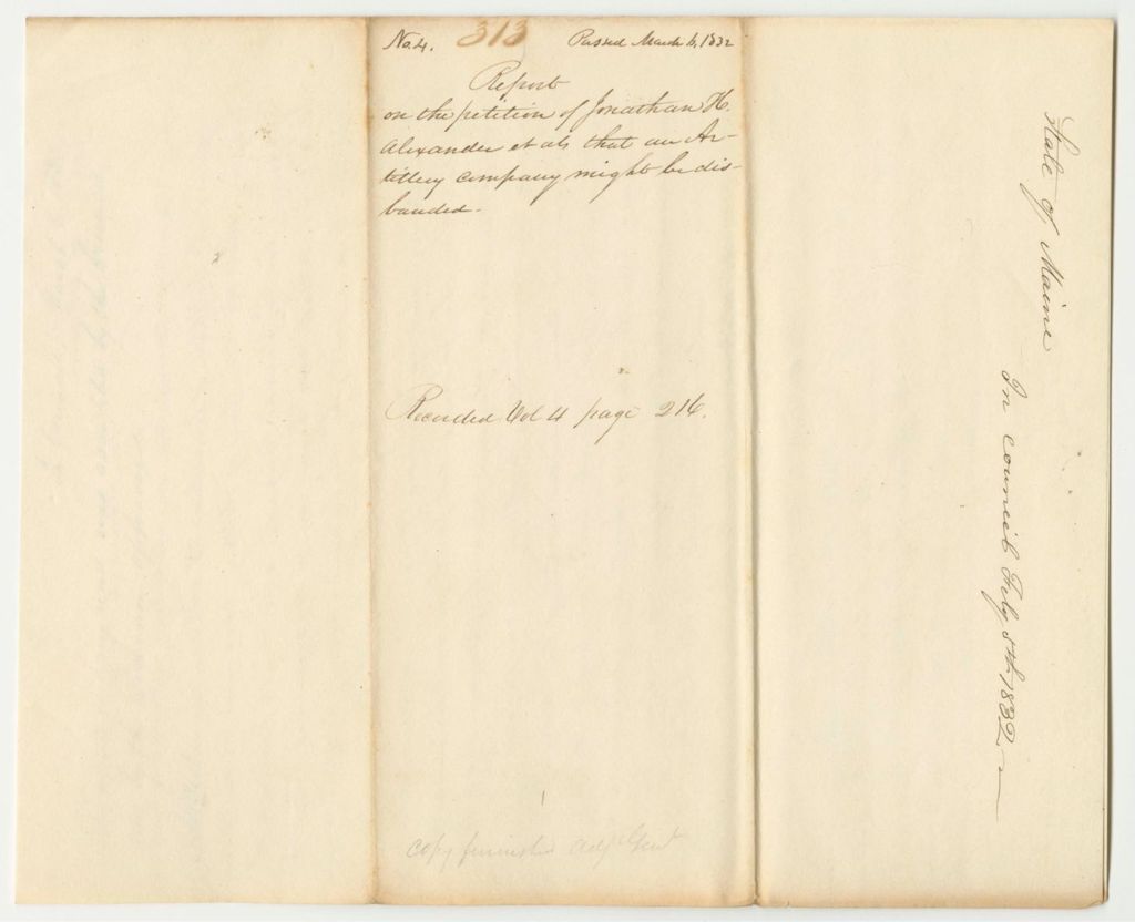 Miniature of Report 313: Report on the Petition of Jonathon H. Alexander and Others That the Artillery Company in Fryeburg Be Disbanded