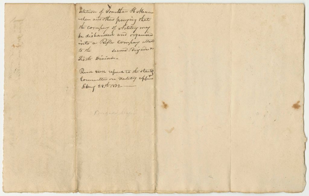 Miniature of Petition of Jonathon H. Alexander and Others Praying That the Company of Artillery May Be Disbanded and Organized Into a Rifle Company Attached to the Second Brigade and Sixth Division