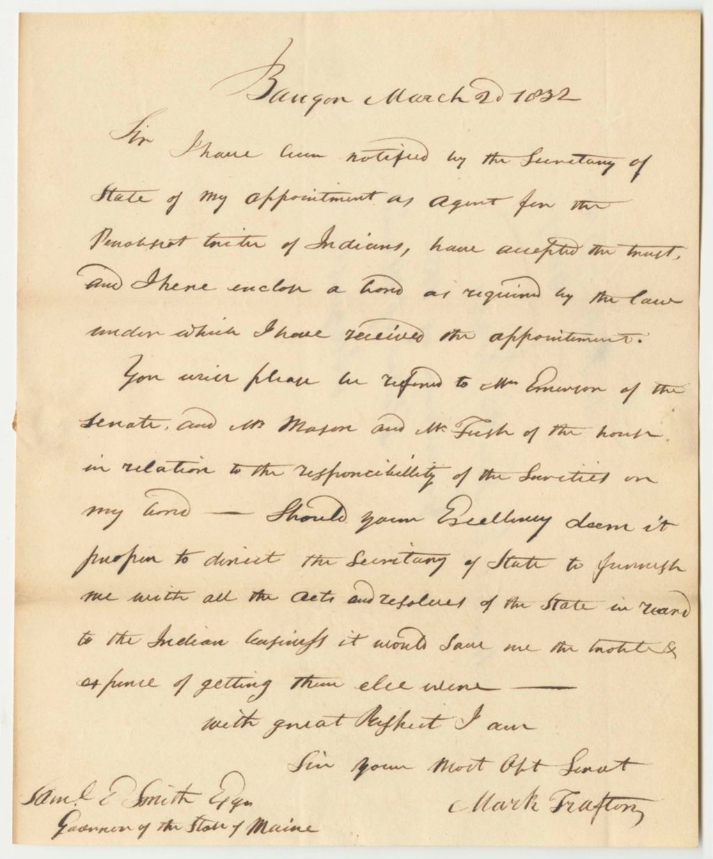 Miniature of Communication from Mark Trafton, Penobscot Indian Agent, Enclosing a Bond