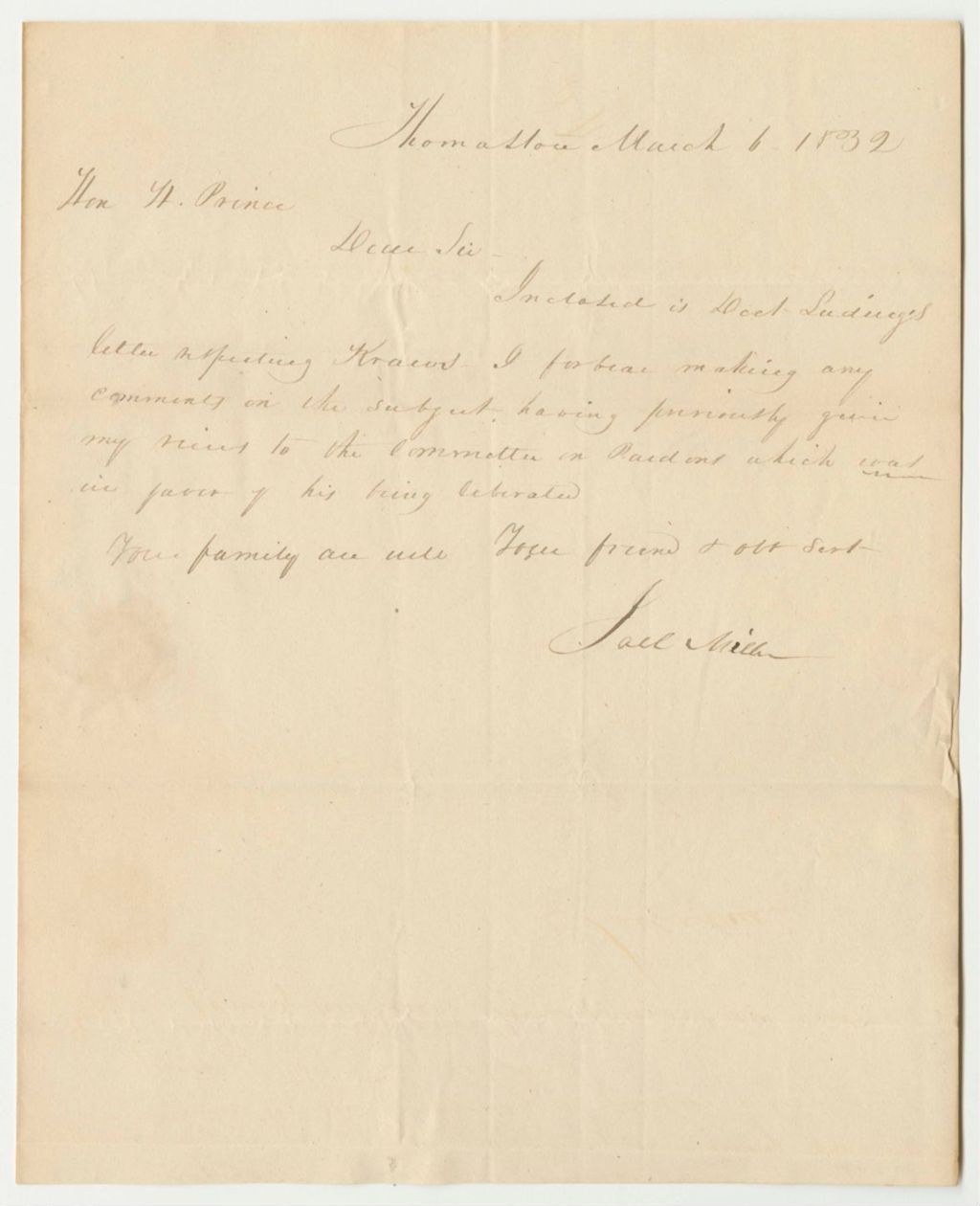 Miniature of Letter from Joel Miller, Respecting Louis Kraws