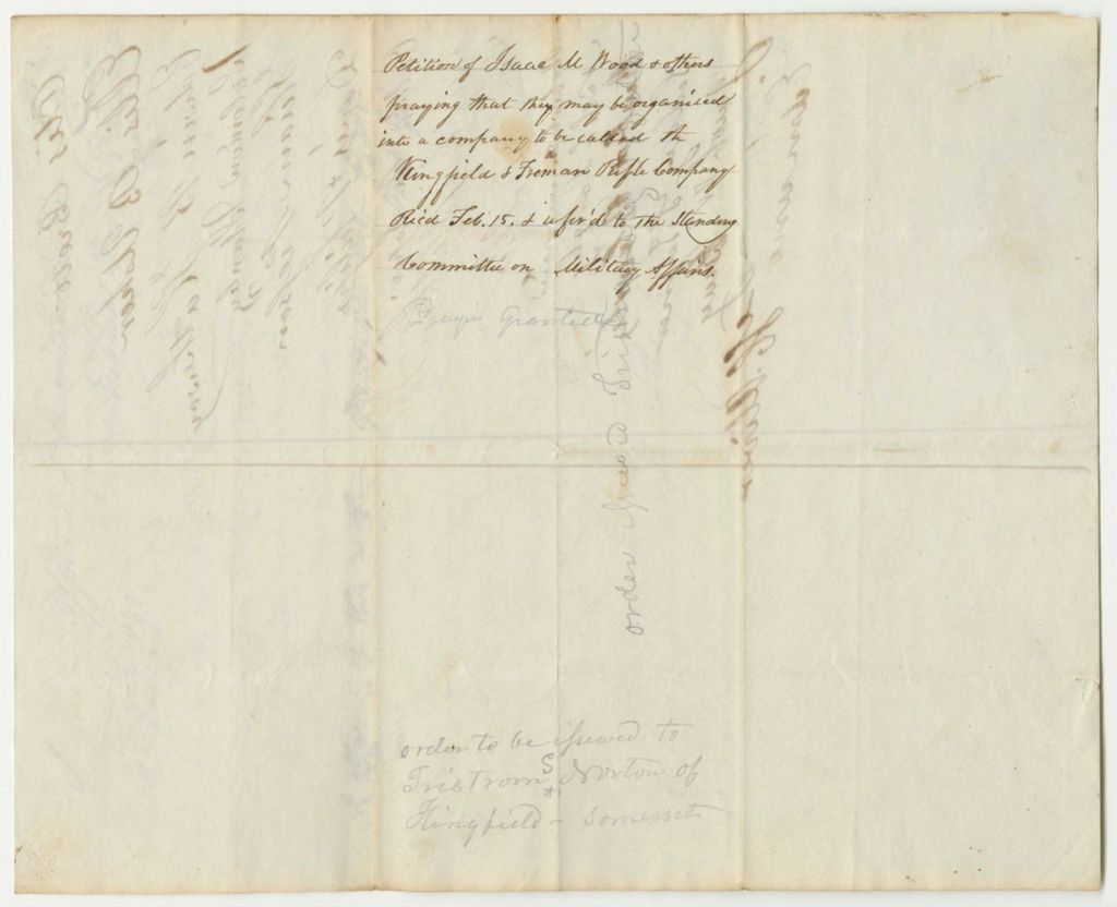 Miniature of Petition of Isaac M. Wood and Others, Praying That They May Be Organized Into a Company To Be Called the Kingfield & Freeman Rifle Company