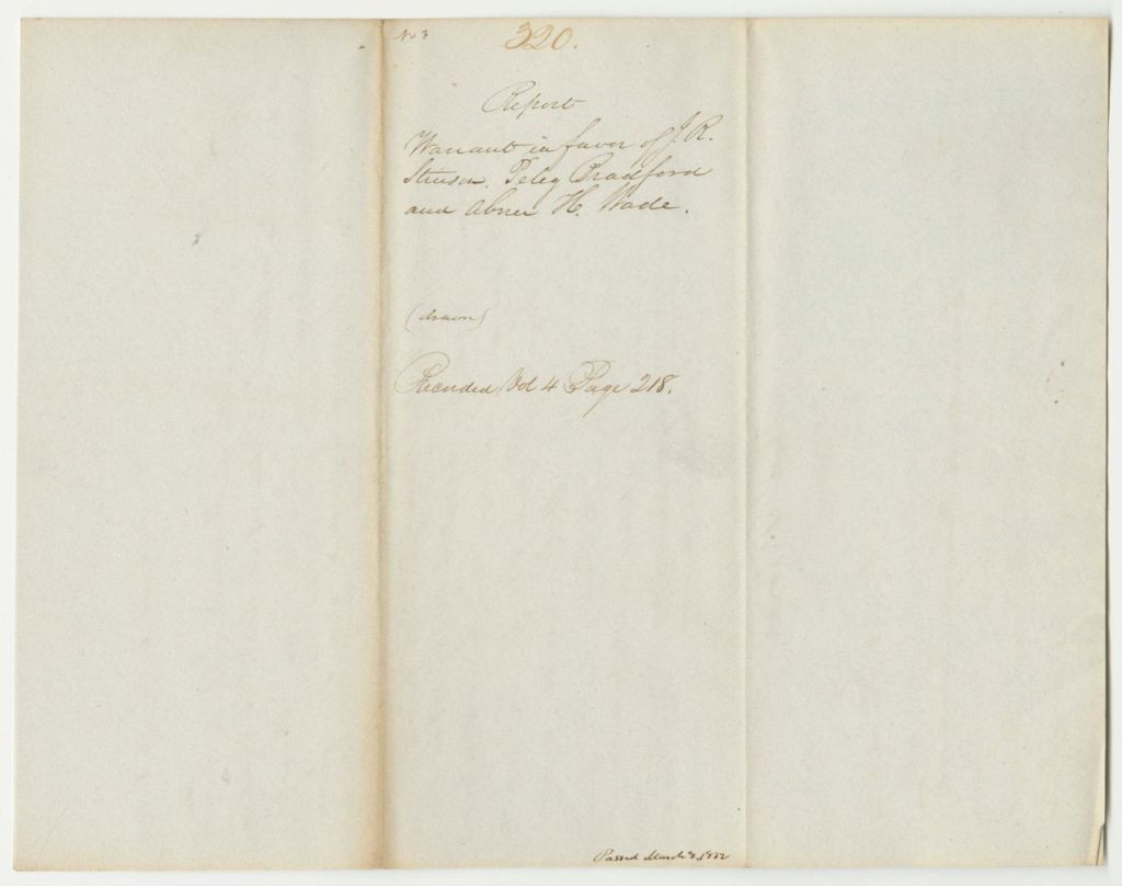 Miniature of Report 320: Warrant in Favor of J.R. Stinson, Peleg Bradford and Abner Wade as Sureties to William Boyton, Deputy Sheriff