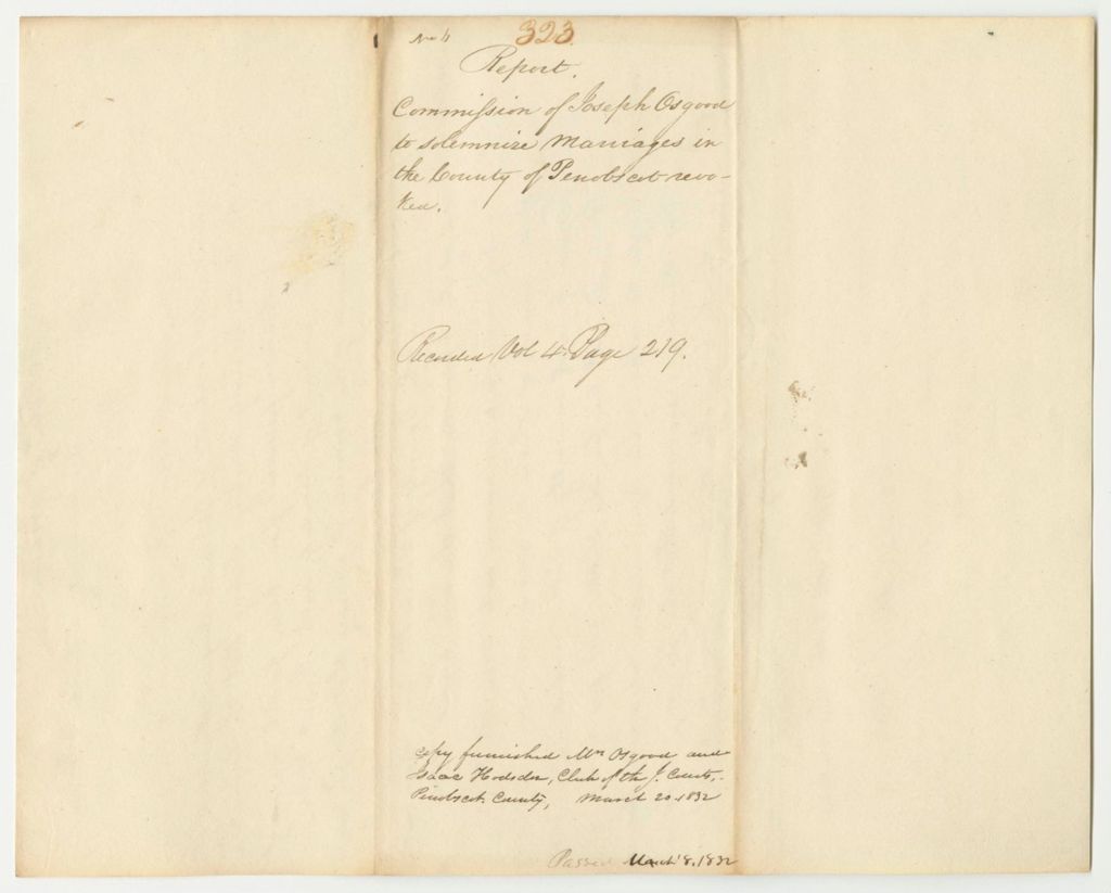 Miniature of Report 323: Report Revoking the Commission of Joseph Osgood to Solumnize Marriages in Penobscot County