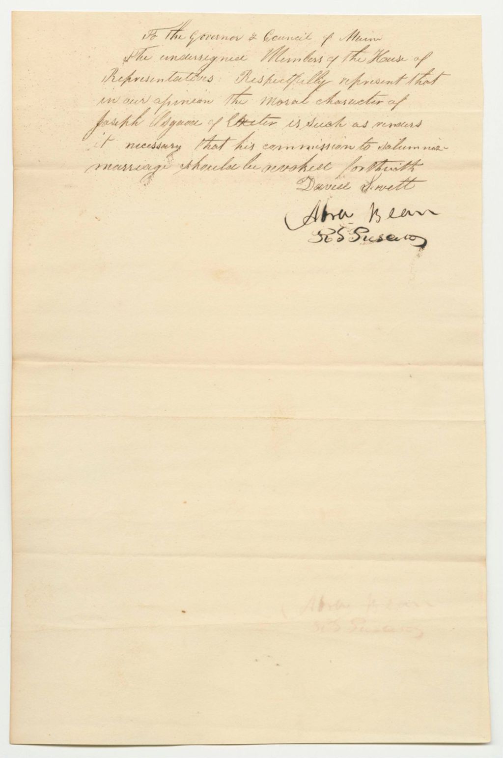 Miniature of Representation of Members of the House of Representatives, to Revoke the Commission of Joseph Osgood