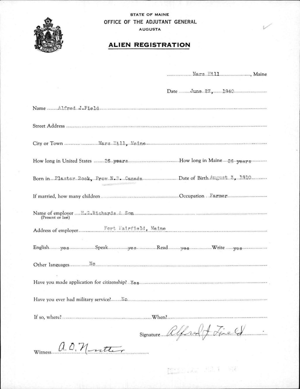 Miniature of Alien Registration- Field, Alfred J. (Mars Hill, Aroostook County)