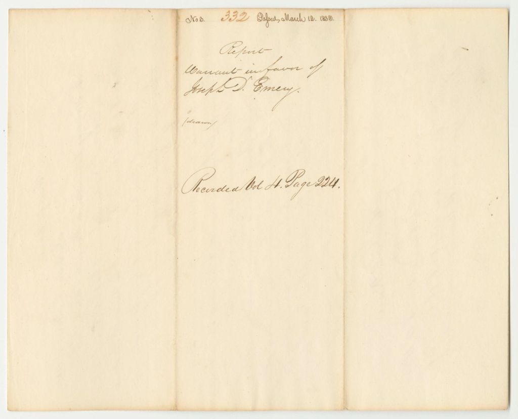 Miniature of Report 332: Warrant in Favor of Joseph D. Emery for Services Rendered on the Public Buildings