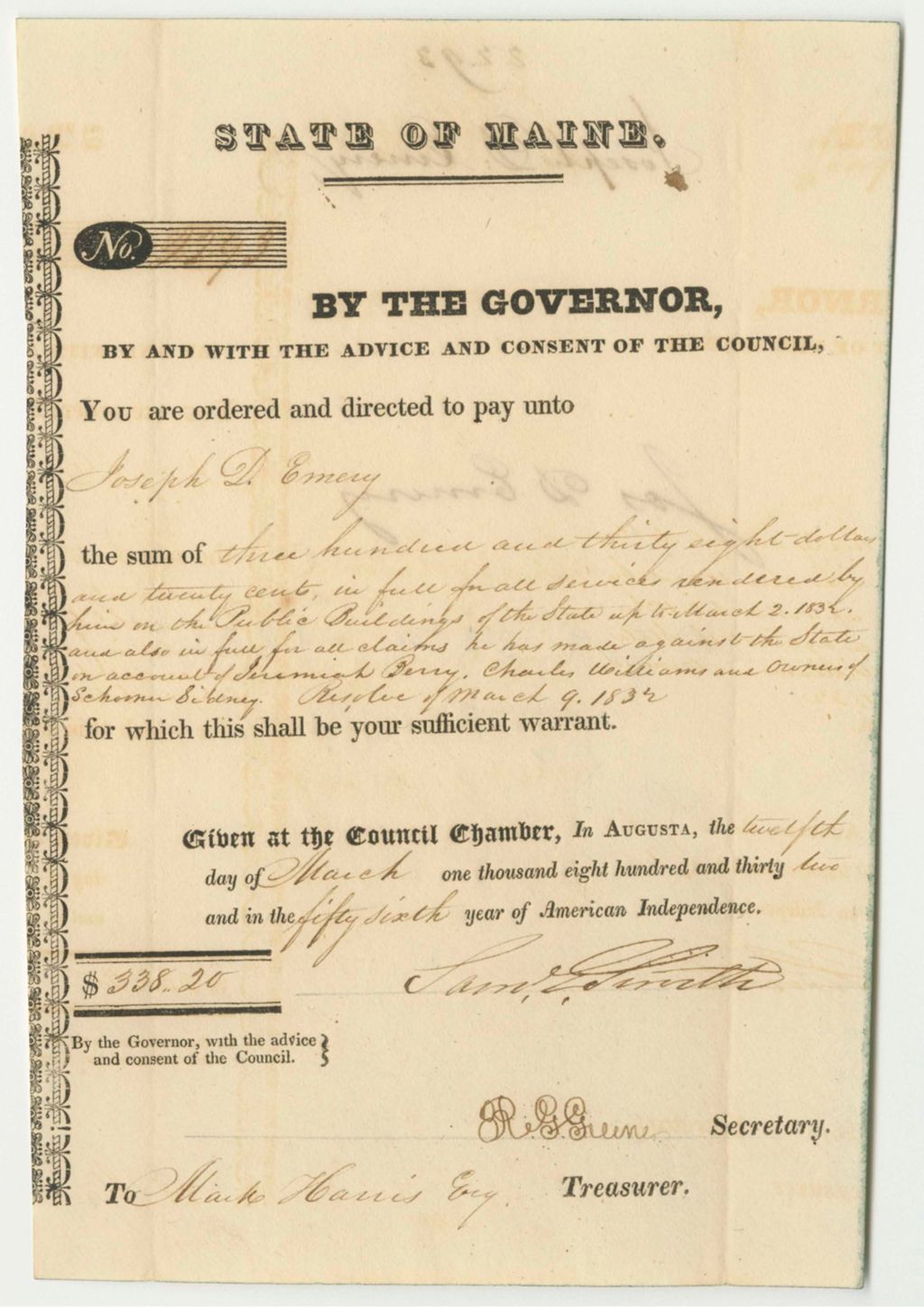 Miniature of Warrant in Favor of Joseph D. Emery for Services Rendered on the Public Buildings